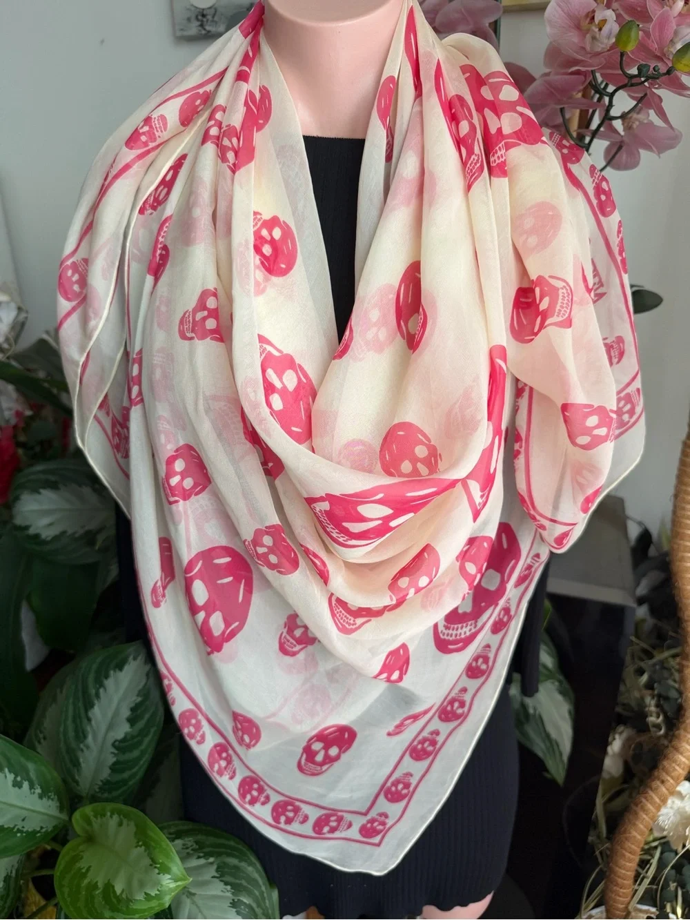 Alexander McQueen Sheer Pink Skull Print Wrap Silk Scarf.